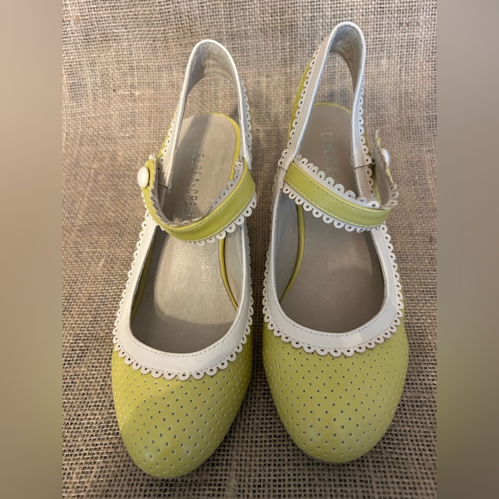Chelsea Crew chartreuse yellow and Ivory Heels